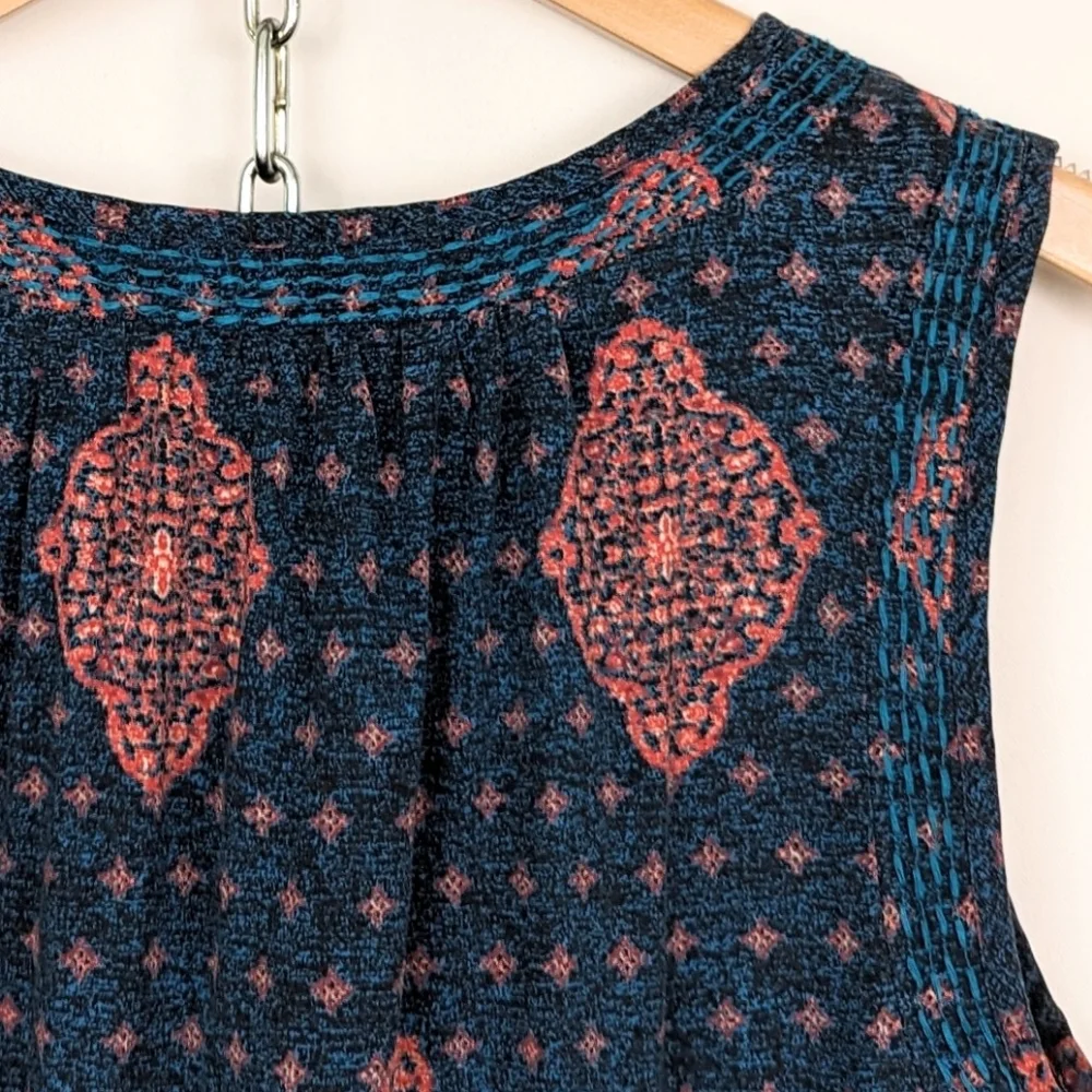 Lucky Brand Tank Dress Drawstring Waist Button Front Medallion Print Blue Pink S